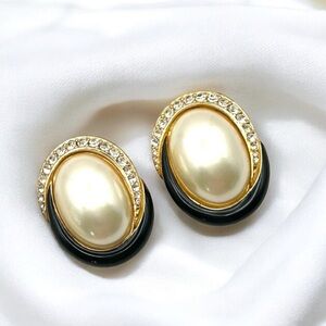 Vintage Ciner Faux Pearl Oval Black Enamel CZ Clip On Earrings *Large *